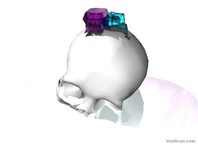 the ground is shiny azure. there is a white skull 5 inches in the ground. it leans west. there is a 4 inches tall clear purple crystal 1 inches in the skull. there is a 4 inches tall clear aqua crystal -2 inches right of the clear purple crystal.