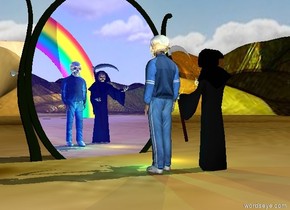 the  shiny tan skull is 12 inches in the athlete. it is 14 inches tall.

the small rainbow is 50 feet behind the athlete.

the grim reaper is next to the athlete.

the tall [da vinci]  desert.

the 15 foot tall  mirror is 3 feet in front of the athlete. it is facing the athlete. it is 5 feet in the ground. the pane of the mirror is dark blue.

the yellow light is in front of the grim reaper. the cyan light is in front of the athlete.