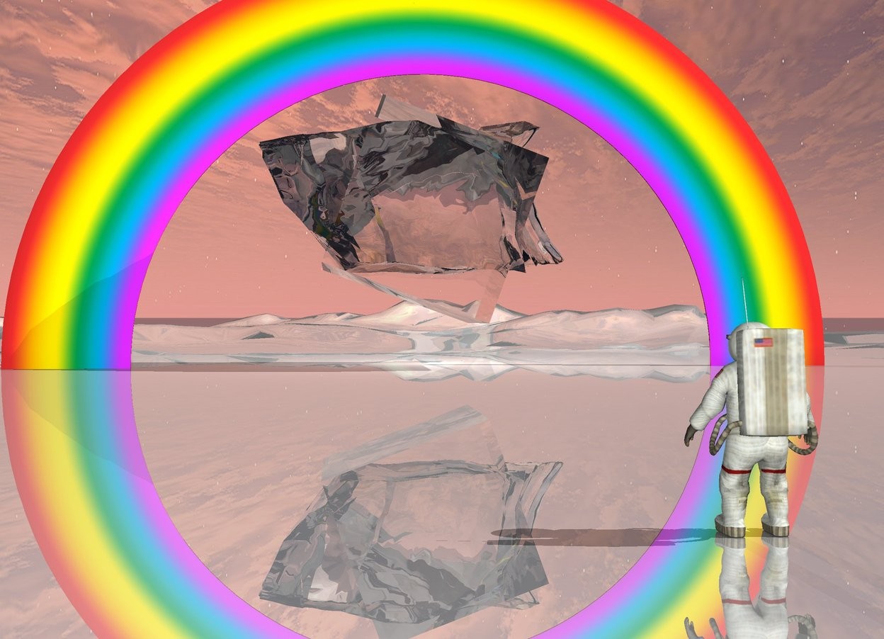 Input text: The very enormous transparent cube is -45 feet above the rainbow. it is leaning right. The extremely bright white light is in front of the cube. the ground is shiny. The enormous transparent rock is 20 feet inside the cube. The astronaut is 100 feet behind the rainbow.  