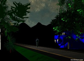 the road is 1000 feet long. the person is on the end of the road. it is dusk. 6 trees are left of the road. 7  trees are right of the road.  the person is facing backward. the camera light is black. the ground is black and unreflective. the white light is 10 feet above the person. the huge blue monster is right of the road. it is facing the person.the monster is 25 feet in the ground.