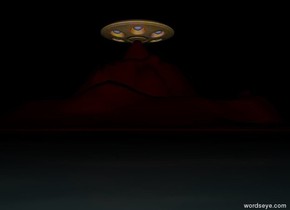 The bright gold and pink UFO is above the dark maroon Mountain. It is night.  Ground is dark  water.