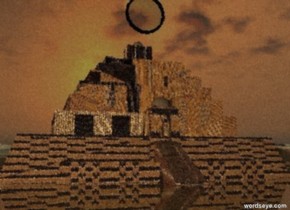 The huge black portal on the  skin temple. It is dusk. The transparent ground.  