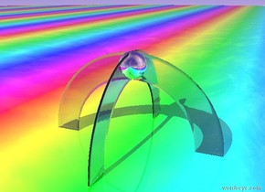 there is a clear rainbow. there is a clear azure rainbow above the clear rainbow. it is 51 feet in it. it faces west. the ground is 300 feet wide shiny rainbow. there is a 15 feet tall silver sphere 15 feet in the clear azure rainbow.