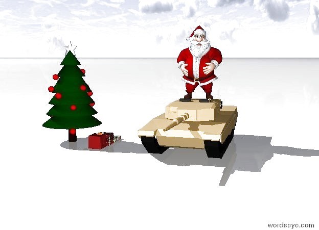 Input text: Tank is four foot right of the christmas tree. Ground is snow. The santa is on the tank. Three presents are right of the tree. 10 elf are on the tank.