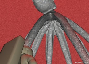The Astronaut is pepper gray.
The head of the Astronaut is pepper gray.
The backpack of the Astronaut is 
pepper gray.
The ground is silver.
Octopus behind Enormous asphalt octopus behind astronaut.
It is noon.
The sky is asphalt.
The camera light is white.
The sun is red.