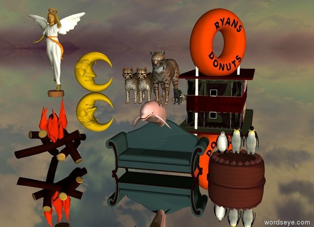 Input text: there are five cats sitting on a pink dolphin. the pink dolphin is on a couch. the ground is silver. the small donut store is 30 feet behind the couch. there is a giant cake to the right of the couch. it is sunrise. there is a big fire 2 feet to the left of the couch. there are three small penguins on the cake. there is a giant donut above the fire. there is an angel above the donut. there is a giant moon 15 feet to the left of the donut store. the donut store is facing south. the moon is facing right