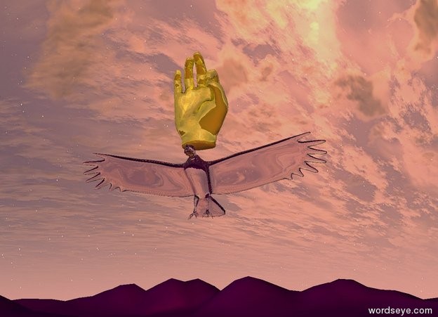 Input text: A transparent bird is 2 feet above a tall purple mountain range. A giant gold hand is above the bird. The yellow light is above the hand. The red light is below the bird.