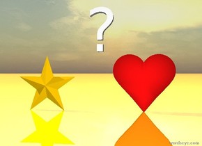 There is a giant heart. There is a giant star. They are 5 feet apart. The ground is reflective orange.
There is a giant "?". It is 8 feet in the air. It is 1.5 feet to the right of the star.