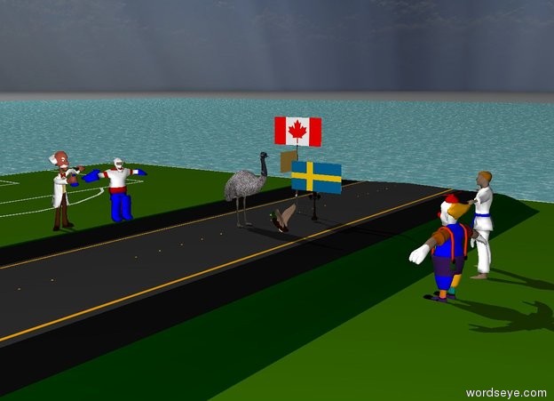 Input text: The road is on the small field.
The field is in the ocean.
The emu is on the road.
The emu is facing east.
The tiny flagpole is a few feet behind the emu.
The flag on the flagpole is Canadian.
The flagpole is facing south.
The duck is east of the emu.
The duck is facing the emu.
The tiny post is a few feet behind the duck.
The flag on the post is Swedish.
The people to the east of the road are facing the duck.
The people to the west of the road are facing the emu.
The sky is cloudy.