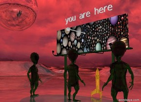 the [planets] billboard is 10 feet wide. the 3 transparent aliens are in front of the billboard. they are three feet apart. they are facing the billboard. the sun is red. the very huge silver sphere is 7 feet to the left and 2 feet above the billboard. the small "you are here" is six inches above the billboard.
the white arrow is in front of the  "you are here". it is facing backwards.  it is 1.5 feet below the "you are here".

the very tiny gold rocket is behind the billboard. 

the ground is shiny.
