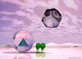 there is a clear sphere on the shiny ground. there is a pink illuminator above it. there is a 3 inch tall translucent teal pyramid 8 inches in the sphere. there is a 6 inches tall  translucent green skull two feet behind the sphere. there is a pink illuminator behind the skull. there is a 6 inches tall translucent green skull left of the skull. there is a 2 feet tall clear dodecahedron 2 feet above and three feet behind the skull. there is a red illuminator below the dodecahedron. the sky is firmament