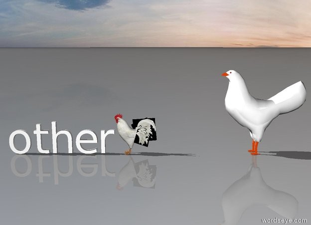 Input text: a large chicken is next to another large chicken.  the chickens are facing each other.  the chickens are 3 feet apart.