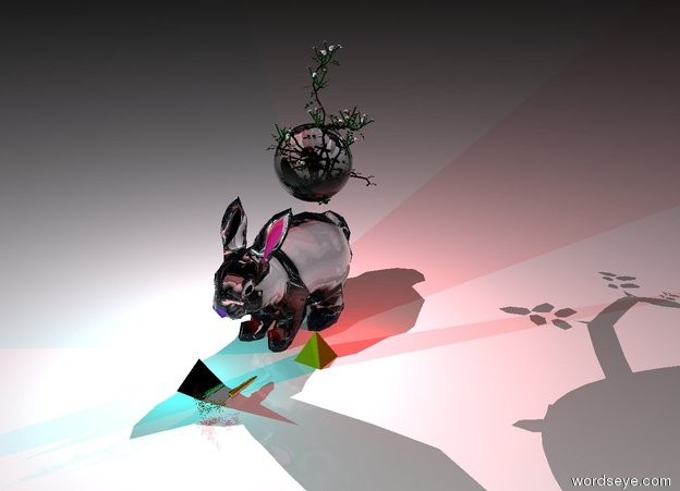 Input text: it is night. the ground is white. there is a 2 feet tall clear rabbit. there is a pink light above the rabbit. there is a red light right of the rabbit. there is a one foot tall clear sphere above the rabbit. there is an aqua light in front of the rabbit. there is a gold carrot in front of the rabbit. there is a five inch tall silver pyramid left of the carrot. there is a five inch tall gold pyramid right of the rabbit. there is a 2 feet long rose 12 inches in the sphere. there is a red light left of the rose.