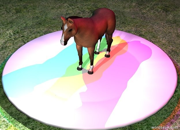 Input text: the ground is grass.

a very small horse is standing on a very large plate.

it is night.

there is a blue light 4 inches above the horse.

there is a red light 4 inches above and to the right of the horse.

there is a green light 4 inches above and to the left of the horse.

there is a white light 4 inches in front of the horse.