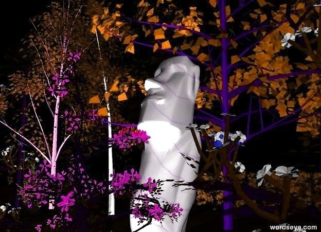 Input text: There are 12 trees on grass on a dark green ground. There are 12  flowers 3 feet in front of the trees. There are 12 shrubs behind the trees. It is night. There is a large stone idol behind the flowers. A huge white light is in front of the idol. 
