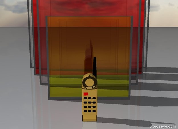 Input text: There is a 10 foot tall clear wall.  The wall is 10 foot wide.

2 feet in front of the clear wall is an 8 foot tall clear red wall.  The red wall is 8 feet wide.

2 feet in front of the clear red wall is a 6 foot tall clear wall.  The 6 foot tall clear wall is 6 foot wide.

2 feet in front of the 6 foot tall clear wall is a 4 foot tall clear yellow wall.  The clear yellow wall is 4 foot wide.

There is a very large mobile phone 2 feet in front of the clear yellow wall.

The ground is clouds and the sky is clouds.
