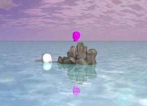 it is morning .
the fuchsia skull one inch above the rock .

the big white head one feet from the rock facing north .

the big white head is -8 inch above the ground .


the ground is shiny aquamarine water .

