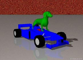 The green dog is on top of the very small blue car.

The sky is fire.