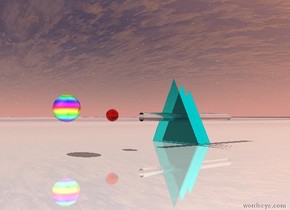 the ground is shiny ice. the first flat translucent cyan pyramid is on the ground. the second 11 inches tall flat cyan pyramid is 2 inches behind the first flat translucent cyan pyramid. the third 10 inches tall flat cyan pyramid is 2 inches behind it. there is a tiny 2 feet long clear cylinder 6 inches in the third pyramid. it faces up. there is a 2 inches tall translucent red sphere 5 inches in front of the cylinder. there is a 4 inches tall shiny rainbow sphere five inches in front of it.
