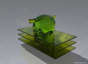 the first translucent chartreuse rectangle is 2 inches above the ground. the second translucent chartreuse rectangle is 2 inches above the first translucent chartreuse rectangle. the third translucent chartreuse rectangle is 2 inches above the second translucent chartreuse rectangle. the translucent chartreuse skull is 2 inches in the second translucent chartreuse rectangle. there is a tiny translucent chartreuse cylinder two inches in the translucent chartreuse skull. it faces up. the translucent chartreuse cylinder is 14 inches long.