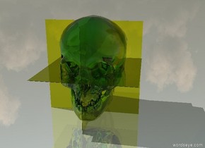 the ground is shiny gray. there is a 5 feet tall clear chartreuse skull. the first 5 feet tall clear chartreuse flat cube is 5 feet in the skull. it faces west. the second 5 feet tall clear chartreuse flat cube is 5 feet in the first 5 feet tall clear chartreuse flat cube. the third 5 feet tall clear chartreuse flat cube is 2.5 feet in the second 5 feet tall clear chartreuse flat cube. it faces up.