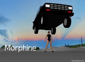 There is a black car above a woman wearing "Morphine".