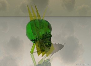 the ground is shiny gray. there is a 5 feet tall clear chartreuse skull. the 1st 8 feet tall clear chartreuse flat pyramid is 5 feet in the clear chartreuse skull. it is four feet wide. it leans north. the 2nd 8 feet tall clear chartreuse flat pyramid is -25 inches in front of the 1st clear chartreuse flat pyramid. it is four feet wide. it leans north. the third 8 feet tall clear chartreuse flat pyramid is -25 inches behind the 1st 8 feet tall clear chartreuse flat pyramid. it is four feet wide. it leans north. there is a 8 feet tall clear chartreuse cone 8 feet in the 1st clear chartreuse flat pyramid. it leans south