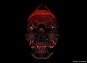 there is a 2 feet long flat clear red sphere 1 feet above the ground. it leans north. there is a clear skull in front of it. the sky is black. there is a bright white light 3 feet in front of the skull. the ambient light is red. there is a 6 inches tall clear pyramid 2 inches in the skull