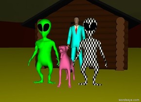 It is evening.

The house is in the field.

The field is yellow.

The aqua man is in front of the house.

The hot pink dog is in front of the man. The dog is 3 feet away from the man.

The lime alien is to the left of the dog.

The checkerboard alien is to the right of the dog.