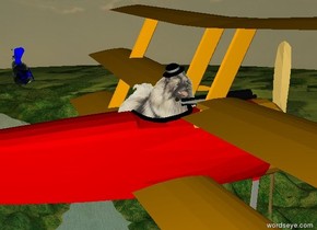 The plane is 300 feet above the ground.
The plane is red.
The dog is -22 inches above the seat of the plane.
The dog is -3 feet to the back of the seat of the plane.
The dog is facing right.
The hat is -6.8 inches above the dog.
The hat is -20 inches to the front of the dog.
The hat is leaning 21 degrees to the front. 
The blue barnstormer is 140 feet to the right of the plane.
The barnstormer is -22 feet to the back of the plane.
The barnstormer is 5 feet under the plane.
The barnstormer  is leaning 75 degrees to the front.

The huge thought bubble is -13 feet below the barnstormer. 

The thought bubble is grey. 
The thought bubble is leaning 180 degrees to the front.

The second grey thought bubble is -13 feet above the barnstormer.
The second thought bubble is huge.
The second thought bubble is leaning 180 degrees to the front.

It is sunrise.