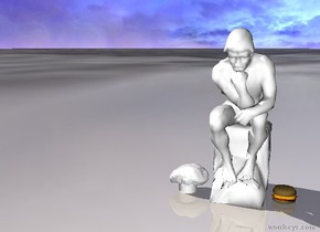 The thinker is next to a hamburger.   There are clouds in the background. There is a wig on the ground. The ground is icy.