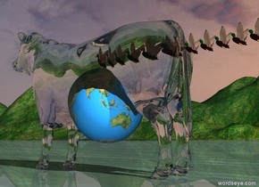 the transparent cow is facing right. the globe is -3.5 feet to the left of the cow. it is nine inches above the ground. the 12 tiny ducks are above the globe. they are facing right.