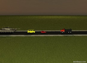 The ground is grass.
there is a 100 meter long 20 meter wide road.

there is a red car on the road.
a truck is 10 meter in front of the red car.
the truck is facing north.
4 meter behind the red car there is a  yellow van.
a [camouflage] huge tank is 5 meter behind the yellow van.

it is dawn.
