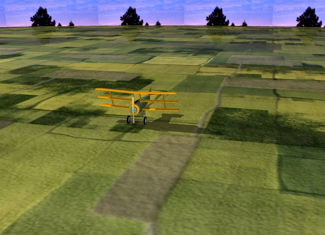 Input text: big plane on a big field. the forest in a background. the ground is grassy.