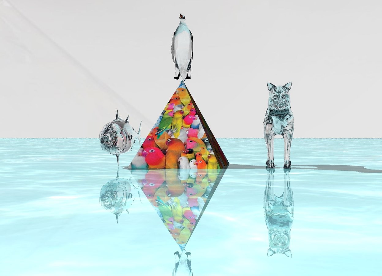 Input text: the big [parrot] pyramid is big .the sky is shiny [diamond].
the shiny ground is water.
the transparent fish is 1 inch to the left of the big  [parrot] pyramid.

small transparent cat is 10 inch to the right of the big [parrot] pyramid. small transparent bird is above the [parrot] pyramid