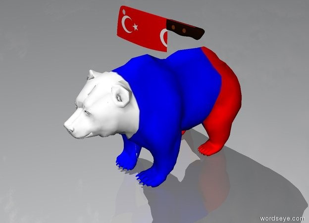 Input text: little Russian bear.
Turkish big knife on the bear