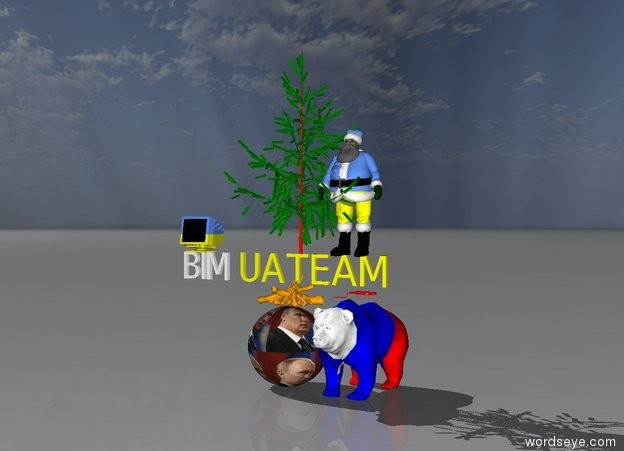 Input text: Green tree above yellow UATEAM.  Ukrainian santa claus is 1 foot to the right of the tree. Ukrainian monitor is 5 foot to the left of the tree. BIM is below monitor.
Russian bear 2 foot below santa claus.
Turkish very very very big knife on the bear. very Big [putin] sphere is next to the bear.
orange fire on the sphere