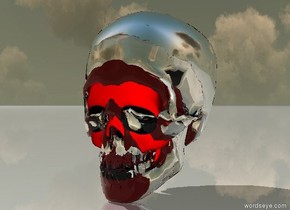 there is a 6 feet tall black skull. its tooth is red. there is a 6.5 feet tall clear skull -5 feet behind it. there is a 7 feet tall silver skull -5.3 feet behind the clear skull.. the ground is shiny.