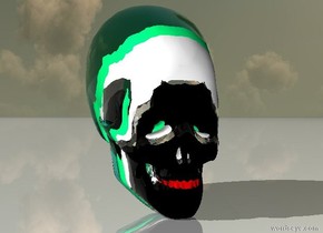 there is a 6 feet tall black skull. its tooth is red. there is a 6.5 feet tall clear skull -5 feet behind it. there is a 7 feet tall silver skull -5.3 feet behind the clear skull.. the ground is shiny. there is a 7.5 feet tall white skull -5.6 feet behind the silver skull. there is an 8 feet tall spring green skull -5.7 feet behind the white skull. there is an 8.5 feet tall clear aqua skull -6.1 feet behind the spring green skull.