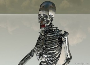 there is a clear skeleton. its tooth is red. there is a 6.1 feet tall silver skeleton -27 inches behind it. there is a 6.2 feet tall shiny black skeleton -28 inches behind the silver skeleton. the ground is shiny.