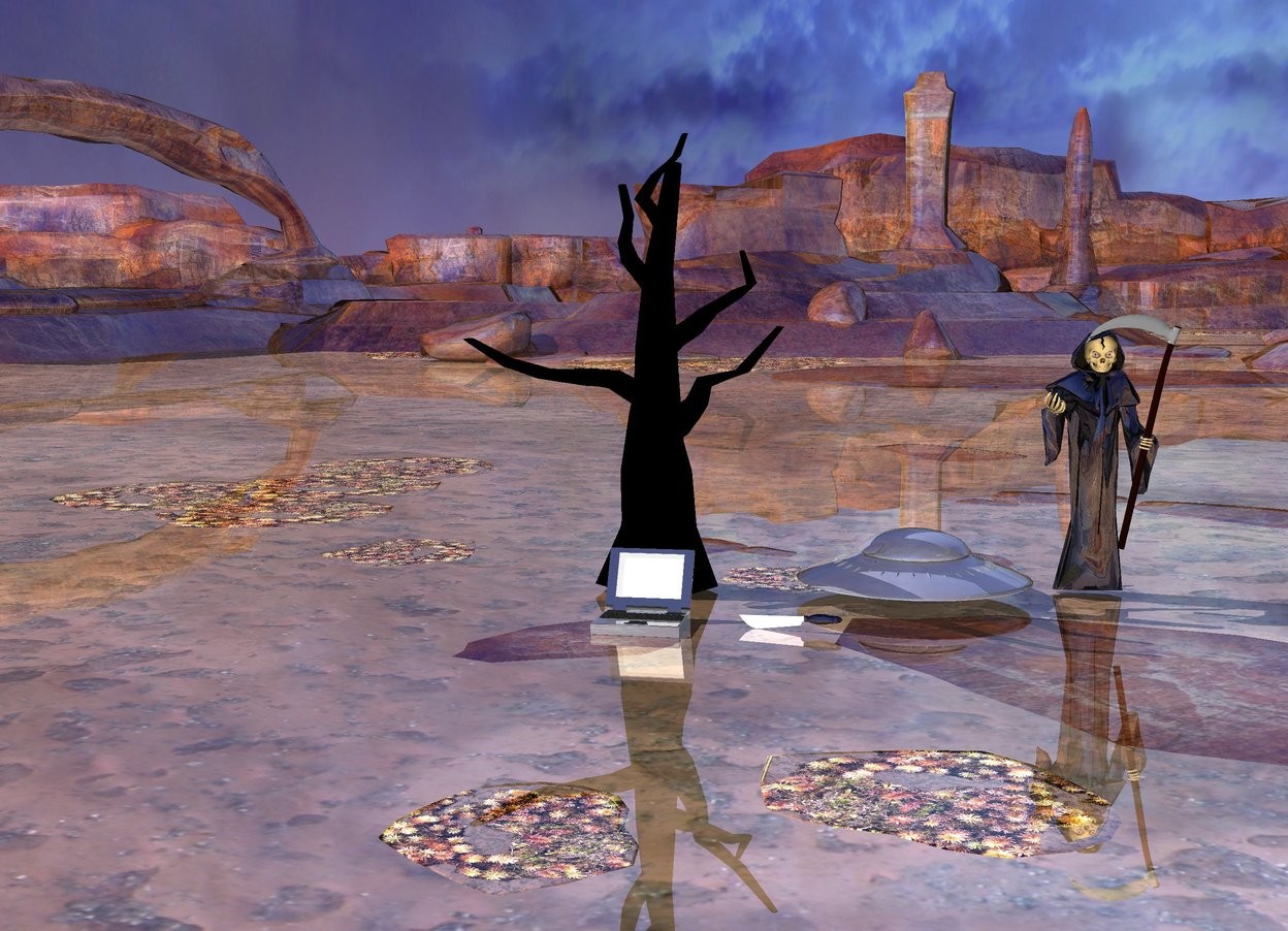 Input text: the giant shiny knife is several inches in front of the large shiny grim reaper,  small shiny grey ufo and black dead body .
knife is facing forward.
the ground is shiny.
the giant shiny laptop is 2 feet to the left of the knife. 
