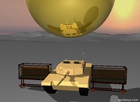 enormous golden sphere is two feet above three tanks
