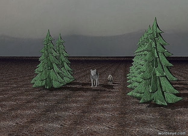 Input text: A grey wolf is on the ground. The ground is dirt. Trees are three feet to the left of the wolf. The sky is dark blue. The moon is in the sky. Five trees are four feet to the right of the wolf. A barn owl is one foot to the right of the wolf. The owl is one foot behind the wolf