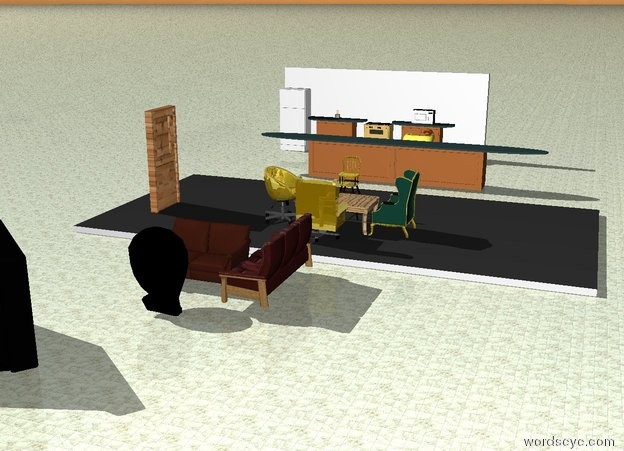 Input text: The ground is white tile.
There is a stove on the ground.
There is a kitchen counter to the right of the stove. There is a microwave on top of the counter.  There is a very long kitchen counter 8 feet in front of the counter. There is a kitchen counter to the left of the stove. There is a refrigerator to the left of the counter. The oven is against a wall. There is a toaster on the counter. There is an outlet above the toaster. There is a kitchen sink on the ground south of the microwave. The kitchen sink is facing west. There is a very large dark gray carpet 15 feet south of the oven on the ground. There is a wooden table on the carpet. There is a metal chair north of the table. There is a metal chair south of the table.There is a metal chair east of the table. There is a metal chair west of the table. The chairs face the table. There is a couch six feet south of the table. There is a couch to the left of the couch. There is a large black bag 1 foot in front of the couch. The couch is facing the couch. The couch is 30 feet south of the kitchen sink. There is a big TV 4 feet southwest of the couch. The TV is facing the couch. There is a door 10 feet west of the table. The door is facing the table. The door is wooden. The bag is upside-down. The bag is on the ground.
