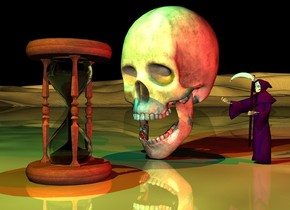 the skull is 3 inches right of the small hourglass.  the skull is facing to the left.  the ground is shiny.

a cyan light is above the hourglass. the red light is in front of the skull. it is night. a yellow light is to the left and above the hourglass.

the 5 inch tall grim reaper is an inch in front of the skull. it is facing the hourglass. it is purple