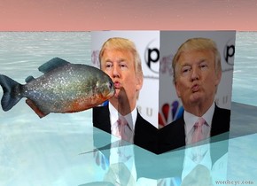The [trump] cube.

The shiny ground is water.

The fish is to the left of the [trump] cube.

The fish is facing the [trump] cube.

The fish is 4 inches in the air.

The fish is 2 centimeters away from the [trump] cube.