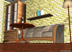 Ground is wooden. Sky is black. There is a table. Wall is 3 feet behind table. There is a sofa in front of wall. Wall is brick. Table is wooden. There is bottle on the table. A big wardrobe is on the left from sofa and wooden. There is a floor on wall. There is brick wall on the left from wardrobe. Brick wall is facing left. Brick wall is brick. There is floor lamp on the right from sofa. Bright light on the lamp. There is a shelf 1 feet above sofa. 3 small vases are on the shelf.