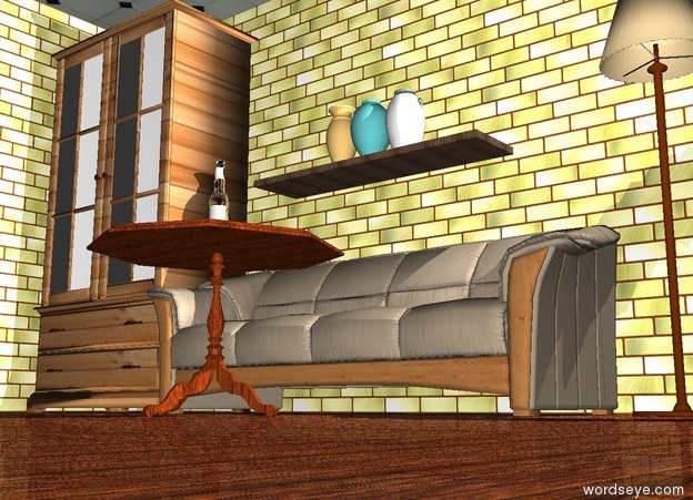 Input text: Ground is wooden. Sky is black. There is a table. Wall is 3 feet behind table. There is a sofa in front of wall. Wall is brick. Table is wooden. There is bottle on the table. A big wardrobe is on the left from sofa and wooden. There is a floor on wall. There is brick wall on the left from wardrobe. Brick wall is facing left. Brick wall is brick. There is floor lamp on the right from sofa. Bright light on the lamp. There is a shelf 1 feet above sofa. 3 small vases are on the shelf.