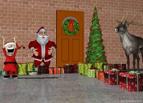 the ground is stone. there is a door. the wreath is 4 feet above the ground in front of the door. the first tree is on the right of the door. santa is to the left of the door. there are 5 gifts in front of santa. there are 6 gifts in front of the tree.there are 10 gifts 3 feet in front of the door. there are 10 gifts 3 feet in front of the door. the very long brick wall is behind the door. the 5 feet tall caribou is 4 feet in front of the tree. the caribou is facing santa. there are 10 gifts left of caribou.the elf is 5 feet in front and .2 feet left of santa. the brick wall is very tall.