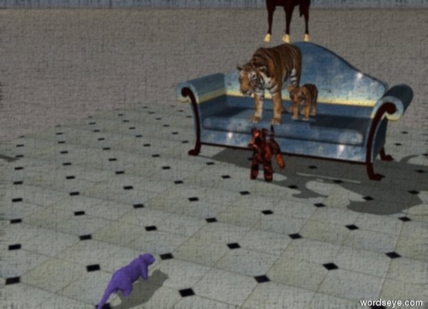 Input text: the mauve mongoose is several feet in front of the dog. it is facing the dog. The cloud couch is behind the dog. the ground is tile. 
The dog is lava.
The frog is on top of a tiny teal clock.
There is a hole in the floor in front of the dog.
2 tigers on top of couch. 1 cow on top of tiger.